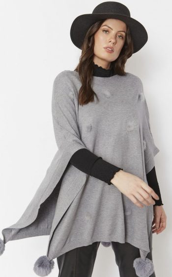 Fine knit cashmere blend mink pom-pom poncho